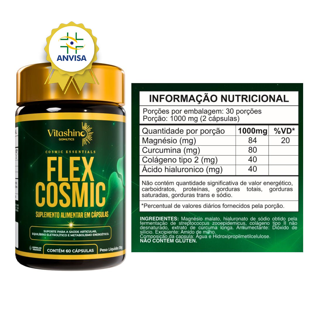 Flex Cosmic – Suplemento para Articulações, Colágeno Tipo 2 e Anti-Inflamatório Natural