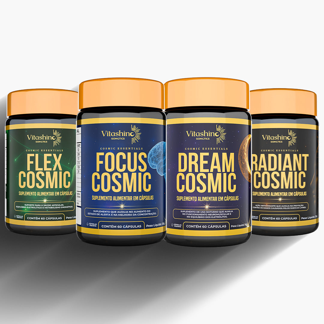 Combo Cosmic Essentials – 4 Suplementos: Energia, Foco, Sono e Regeneração