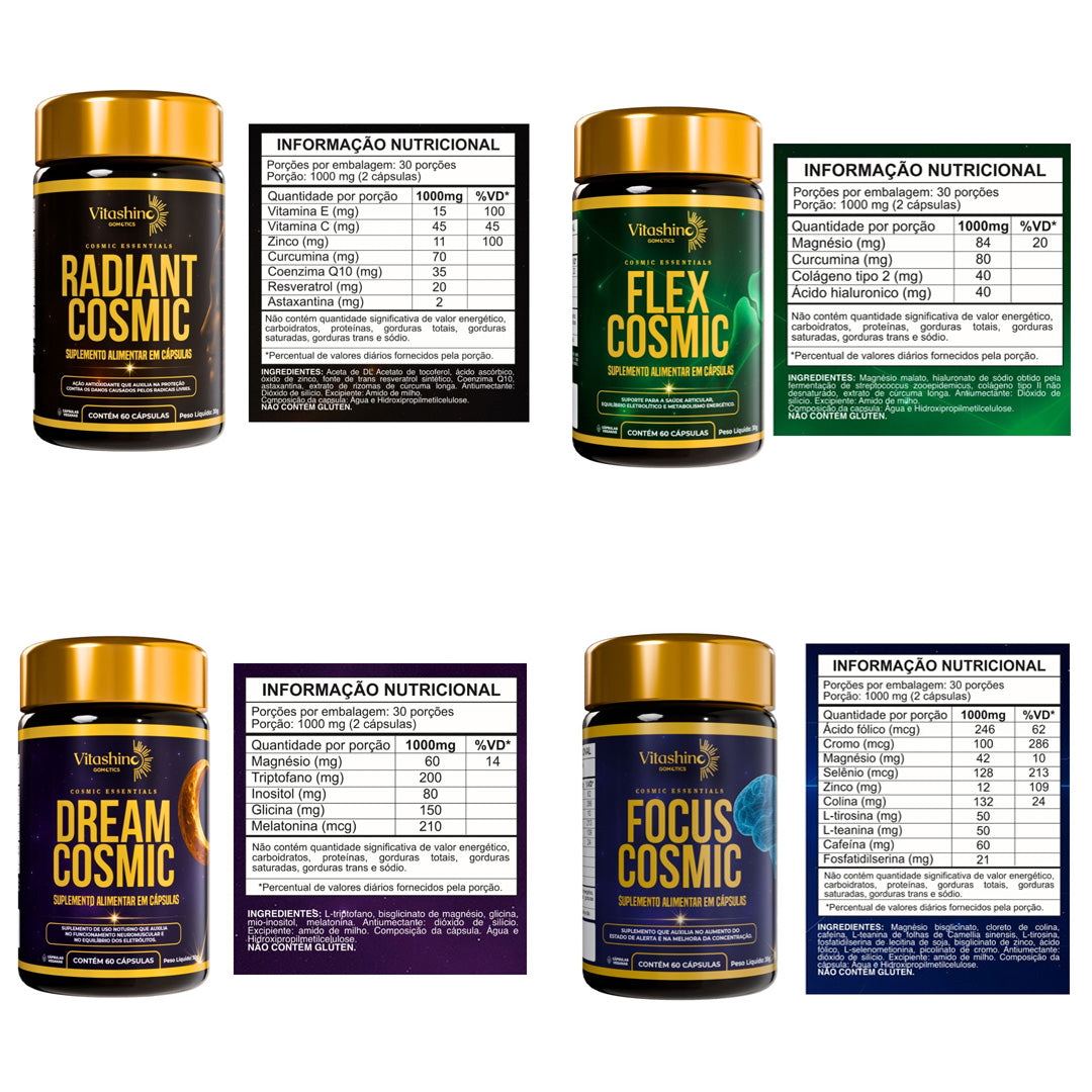 Combo Cosmic Essentials – 4 Suplementos: Energia, Foco, Sono e Regeneração